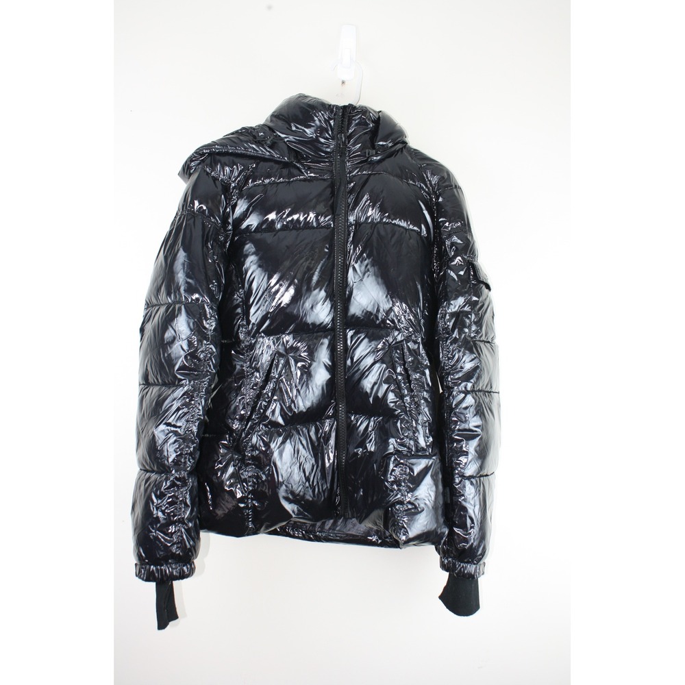 S13 New York Glossy Black Puffer Jacket Hooded Quilted Coat Thumbhole Cuffs